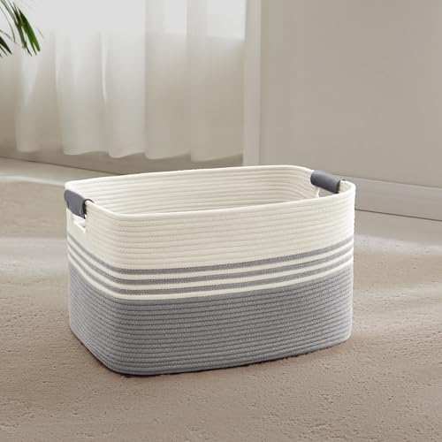 45L Small Woven Laundry Basket Hamper with Leather Handles,Grey by SunNewt