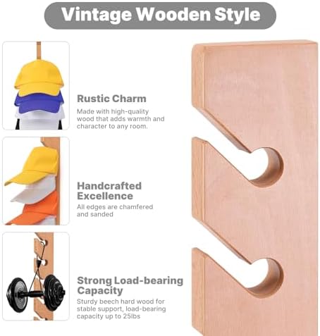 2 Pack Beech Wood Hat Rack for Wall – 10 Hooks Baseball Cap Organizer | Vertical Hats Hooks & Display Holder Storage for Entryway, Bedroom | Durable Wall-Mounted Hat Hanger | Ideal Gift - Image 2