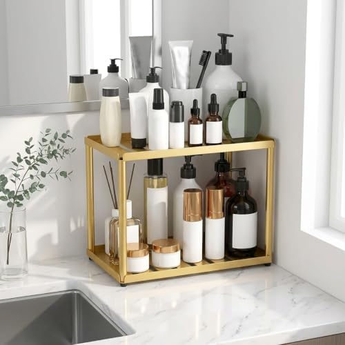 2 Tier Bathroom Counter Organizer, Rectangular Vanity Organizer Shelf, Skincare and Makeup Countertop Storage Rack for Kitchen, Bathroom, Bedroom Gold - Image 2