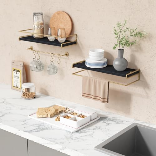 Forbena Black and Gold Bathroom Floating Shelves for Wall, Decorative Wall Mounted Shelves for Kitchen Coffee Bar Station Organizers and Storage, Hanging Shelving Unit for Bedroom Living Room (2-Pack) - Image 5