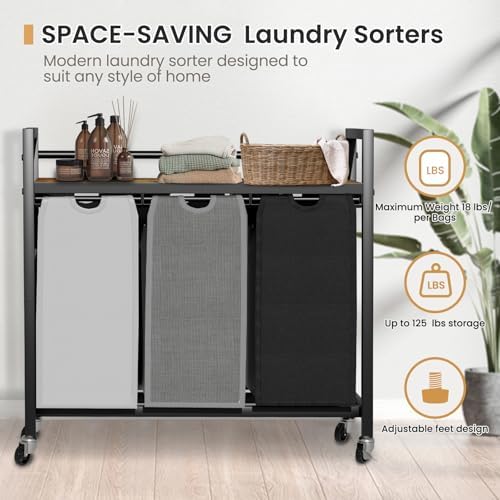 SwaaVee Laundry Sorter, Laundry Hamper 3 Section, 3×11.4Gal, Metal Frame Rolling Laundry Basket with Wooden Top Shelf, Pull out and Removable Laundry Bags, 3 Bags-Black Grey White - Image 7