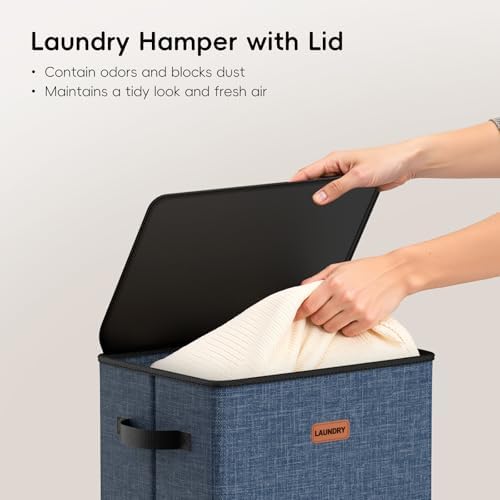 100L Laundry Hamper with Lid, Large Clothes Hampers with Removable Bag, Collapsible Laundry Basket for Bathroom, Bedroom, Laundry Room, Dorm, Navy Blue - Image 4
