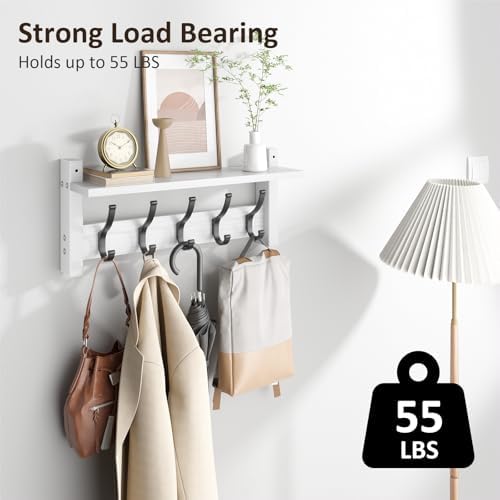 Optish Coat Rack Wall Mount with Shelf, 17.1 Inch Coat Hanger Walls Mounted, Hat Rack for Walls, Shelf with 5 Coat Hooks, Wall Hanger for Entryway (White) - Image 2