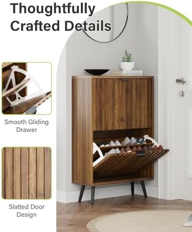 Smart FENDEE Fluted Shoe Storage for Entryway, Walnut Hidden Cabinet with Metal Legs, Organizer with Flip Doors, Slim Entryway Storage - Image 5