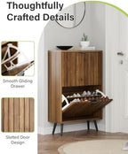 Smart FENDEE Fluted Shoe Storage for Entryway, Walnut Hidden Cabinet with Metal Legs, Organizer with Flip Doors, Slim Entryway Storage - Image 5