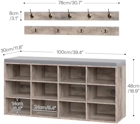 HOOBRO Shoe Storage Bench with Cushion, 39.4" L Entryway Bench with 12 Cubbies, Entryway Hall Tree with Storage, Shoe Cabinet with Coat Rack for Bedroom, Hallway, Holds up to 330 lb, Gray GY112HX01 - Image 3