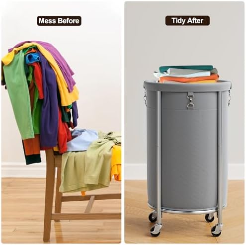 ELYKEN Laundry Basket with Wheels, Round Rolling Laundry Hamper, Gray - Image 7