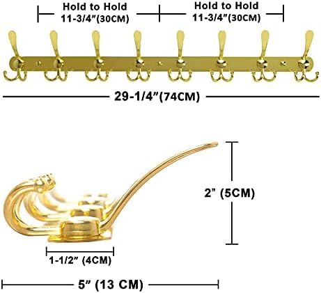 Dseap Coat Rack Wall Mount - 29.5” Long 8-Tri-Hooks Heavy Duty Coat Hanger Rail Wall Hooks for Hanging Coats Hats Clothing Clothes Purse Mudroom Entryway, Gold - Image 2