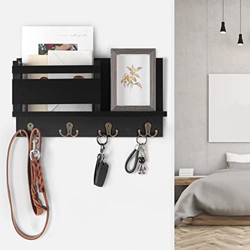 Key and Mail Holder for Wall Decorative - Rustic Mail Organizer Wall Mount, Wooden Letter Sorter Organizer with 4 Key Rack Hooks for Hallway Kitchen Farmhouse Decor (16.5” x 9.1” x 3.4”) (Black) - Image 3