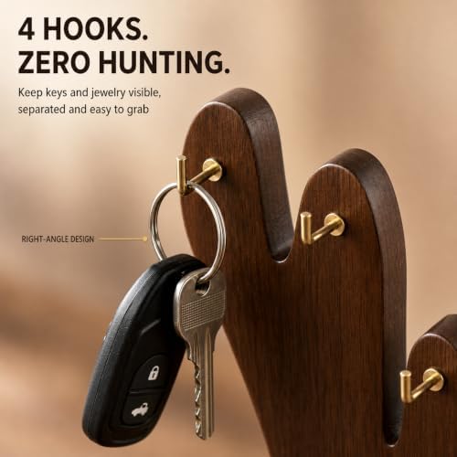 Acacia Wood Cactus Key Holder Tray with 4 Hooks, Entryway Organizer - Image 5