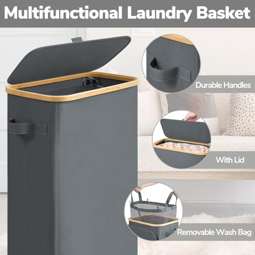 Goodpick 75L Rolling Laundry Basket with Wheels and Lid, Gray - Image 5