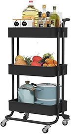 Sooyee 3 Tier Metal Utility Cart with Handle and Lockable Wheels, Black by Sooyee