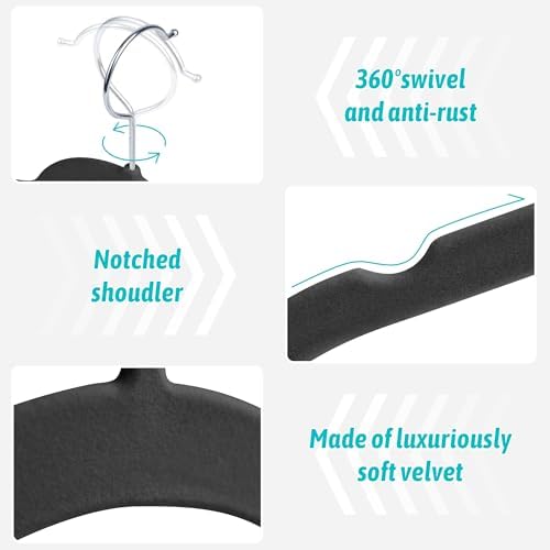 Sishynio Velvet Hangers 100 Pack, Non-Slip Slim Felt Clothes Hangers Black | Space-Saving Closet Organization; Flocked Surface; 360° Swivel Hooks; For Shirts, Coats, Dresses, Blouses - Image 2