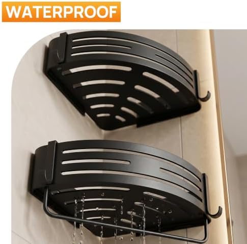 Black Adhesive Triangle Shower Caddy with Towel Bar, Soap Dish and Hooks - Image 4