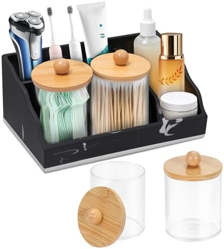 Bathroom Counter Organizer, Black Marble Toothbrush Holders for Bathrooms with 2PCS Qtip Holder, Bathroom Organizer Countertop Toothbrush and Toothpaste Holder for Makeup Organizer for Vanity by MSBRCH