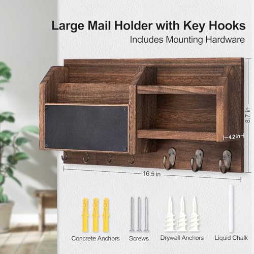 Lwenki Mail and Key Holder – Wall Mount Key Hanger with Shelf and 7 Metal Hooks – Decorative Natural Paulownia Wood Entryway Organizer with Mounting Hardware (16.5”W x 8.7”H x 3.5”D) (Brown) - Image 6