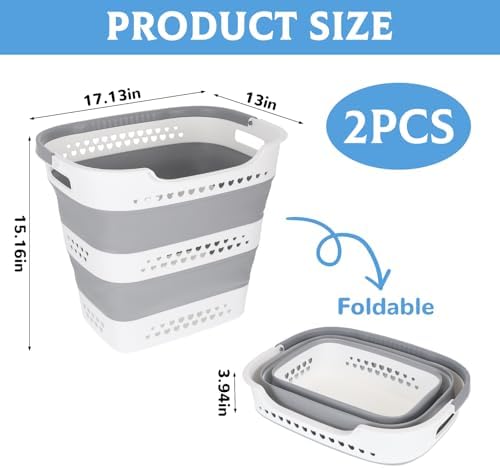 2 Pcs Collapsible Laundry Baskets for Clothes, 43L Plastic Laundry Hamper for Dorm Bedroom, Space Saving Pop-Up Laundry Hamper Container, Durable Foldable Laundry Basket with Handles (Grey-White) - Image 2