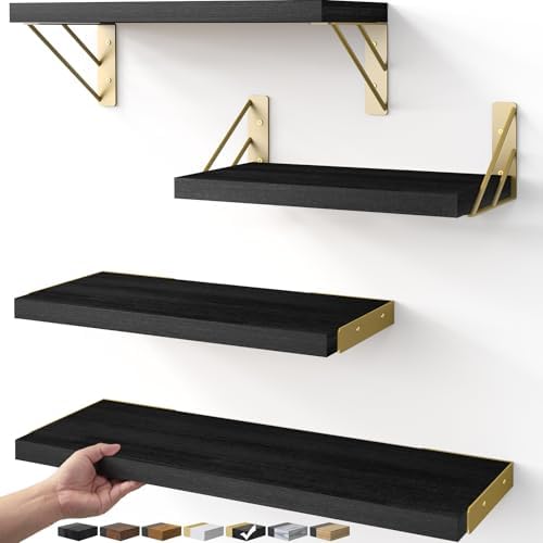 BAYKA Floating Shelves for Bedroom Decor, Wall Shelves for Storage, Wall Mounted Rustic Wood Floating Shelf for Books,Corner Shelf for Bathroom,Kitchen,Living Room(Black and Gold，Set of 4) by Bayka