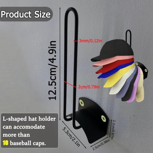 Hat Rack for Wall, 2 Pack Black Baseball Cap Organizer with Extra-Long 4.9in Hooks, Space Saving Ball Cap Storage for Closet Door, Bedroom, Entryway - Image 2