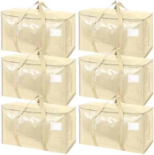 TICONN 6 Pack Extra Large Moving Bags Heavy Duty with Zippers & Carrying Handles, Durable Storage Bags Moving Boxes for Closet Organizers and Storage (6 Pack, Cream) by TICONN