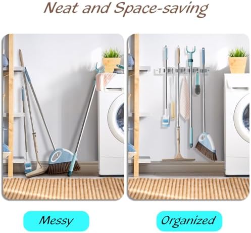 OUTNILI 2 Pack Mop Broom Holder Wall Mount - White Wood Broom Mop Hanger - Wall Mounted Garden Tool Rack Organizer for Closet Garage Laundry Room, 4 Slots & 4 Hooks - Image 3