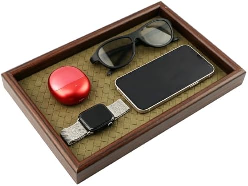 Wooden Valet Tray, 12X8 Inch Desk Organizer with Leather Base, Entryway Bedside Dump Holder for Wallets, Keys, Watches, Jewelry & Sunglasses (Green) by Unknown
