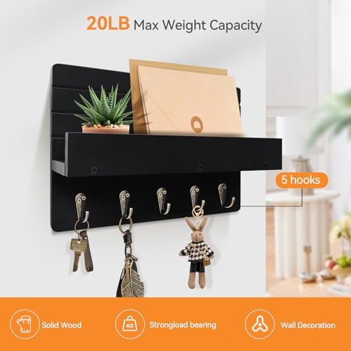 Key Holder Wall Mount, Decorative Key Rack with Shelf & 5 Sturdy Hooks, Rustic Key Hooks for Wall for Mail Organizer Hanging Dog Leash, Glasses, Wooden Key Hanger with Mounting Hardware - Image 6