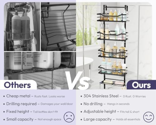 SWTYMIKI Over the Door Shower Caddy - 5 Tier Adjustable Shower Organizer Hanging with Soap Holder, No Drilling Stainless Steel Bathroom Rack Hanging for Body Wash, Shampoo, Soap, Razor, Black - Image 3