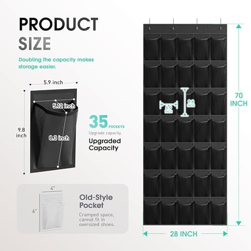 WVM Over the Door Shoe Organizer with 35 Breathable Mesh Pockets, Hanging Shoe Organizer for Door with 4 Metal Hooks, Large Capacity Closet Storage for Shoes, Accessories - Image 3