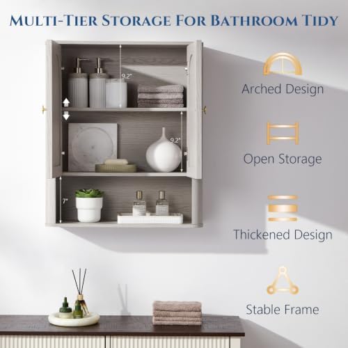 Bathroom Fluted Arched Wall Cabinet, 23.6''W Medicine Cabinet, Light Grey - Image 3