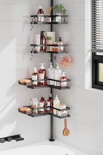 YASONIC Corner Shower Caddy Tension Pole, 25.7-109.1in Adjustable Shower Shelves, Rust-Resistant Shower Organizer, No-Drill 3-Step Installation, Bathroom Shelves for Renters & Family, Black by YASONIC