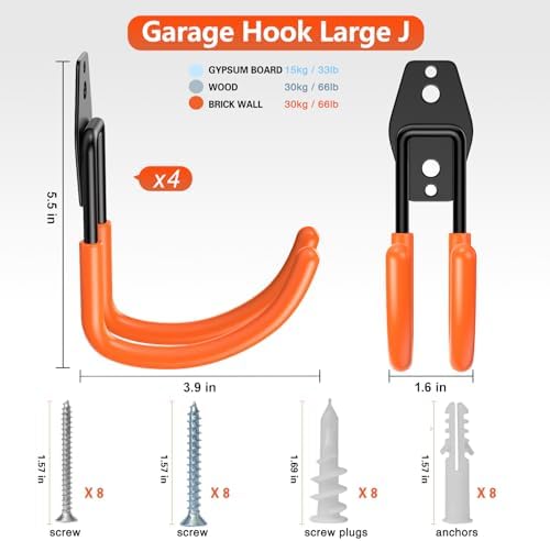 HUPBIPY Heavy Duty Garage Hooks 4 Pack, J Shaped Hanger, Wall Mounted Storage System, Power and Garden Tool Organizer, for Hanging Ladders, Bikes Tires, Hose, Bulk Items - Image 2