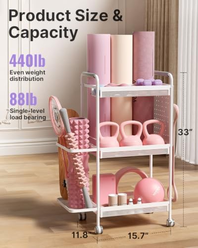 YOTTOY 3-Tier Gym Storage Rack for Home Gym–Multi-Functional Weight Rack, Dumbbell Rack, Yoga Mat Holder with Side Basket & 6 Hooks, Gym Equipment Organizer - Image 5