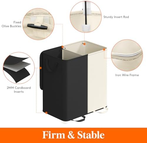 Lifewit Double Laundry Hamper with Lid, Removable Laundry Bags, White&Black - Image 2