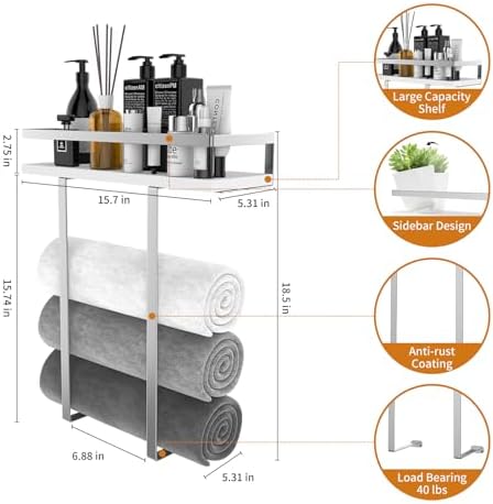 Towel Rack Wall Mounted, Xstydes Metal Towel Holder with Wooden Shelf for Folding Large Towels, Towel Storage for Small Bathroom Organizer Decor or RV Camping, Silver - Image 2