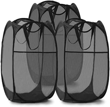 TECHMILLY Collapsible Mesh Pop Up Laundry Hamper with Sturdy Handles and Side Pocket - Portable Foldable Clothes Baskets for Dorm, Bathroom & Travel Storage (Black, 3 Packs) by TECHMILLY