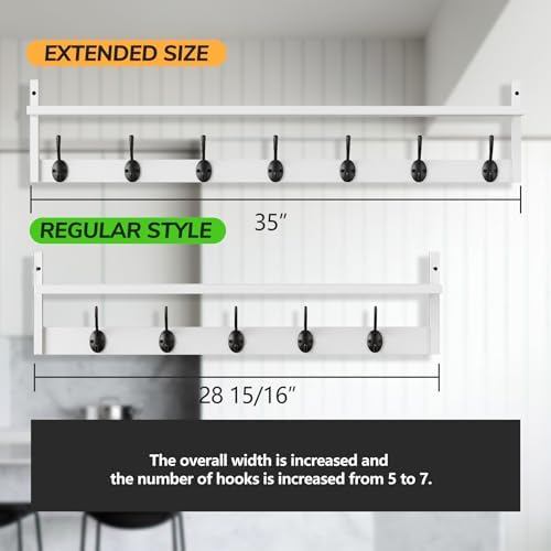 BAMEOS 35" L Wall Hooks with Shelf, Entryway Coat Hooks, Wood Wall Hanging Shelf, Wall-Mounted Coat Rack with 7 Dual Metal Hooks for Bathroom, Kitchen, Living Room, Bedroom (White) - Image 2