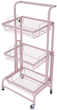 3 Tier Foldable Rolling Cart, Metal Rolling Utility Cart Adjustable Movable Storage Organizer with Wheels for Living Room, Kitchen, Bathroom Bedroom and Office, Pink (Pink) - Image 2