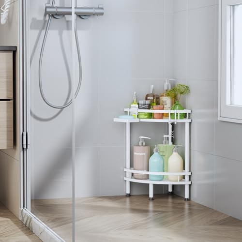 HapiRm Standing Corner Shower Caddy - 2 Tier Shower Organizer Corner with Soap Holder and 4 Hooks, Rustproof Bathroom Storage Shelves with Adhesives, White - Image 7