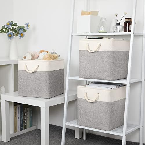 Bidtakay Fabric Basket Set - Large Square Organizer Bins, 13x13, Set of 3, White & Grey - Image 3