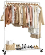Sakugi Clothes Rack - Clothing Rack with Storage Mesh Shelf & Casters, Heavy-Duty Metal Clothing Rack for Hanging Clothes, Dresses, Coats, Large Load Capacity, Easy Assembly, White, 44.3"x16.9"x59.0" by Sakugi