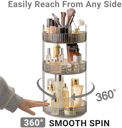Asayuee 360 Rotating Makeup Organizer,3 Tier Large Capacity Make Up Organizers and Storage,Skincare Perfume Vanity Organizers,Bathroom Cosmetics Storage Organizer Countertop(Grey) - Image 3