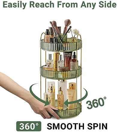 Asayuee 360 Rotating Makeup Organizer,3 Tier Large Capacity Make Up Organizers and Storage,Skincare Perfume Vanity Organizers,Bathroom Cosmetics Storage Organizer Countertop (Green) - Image 3