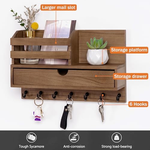 dreampossible Key and Mail Holder for Wall, Mail Organizer Wall Mount with 7 Hooks and Storage Drawer, Wooden Key Rack Hanger with Shelf for Entryway and Home Decor - Image 3