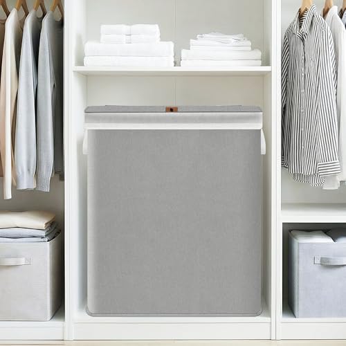 STORAGE MANIAC Double Laundry Hamper with Lid, 140L Tall Metal Frame Laundry Baskets with Removeable Bag, Large Clothes Hamper with PU Tag, Laundry Bin for Dorm, Collage, Bathroom, Bedroom, Gray - Image 2