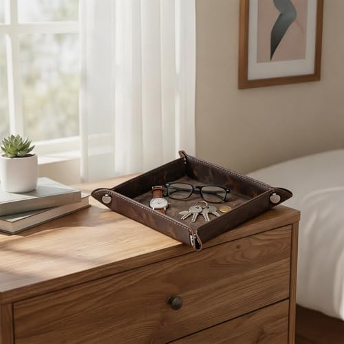 Valet Tray Desktop Storage Organizer – Vegan Leather Catchall Bedside Vanity Tray Nightstand Caddy Holder for Remote Controller, Watch, Keys, Phone, Wallet, Coin, Jewelry, Marble Brown - Image 6