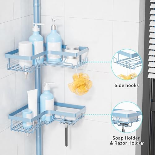 KEGII Shower Caddy Tension Pole, L-Shaped Corner Bathroom Organizer, Blue - Image 3