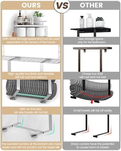 Towel Racks for Bathroom Wall Mounted - Bath Wall Towel Holder Set Above Toilet Storage, Rolled Towel Shelf Organizer for Small Bathroom, Wood Vertical Towel Rack for Bathroom Wall Decor Silver - Image 4