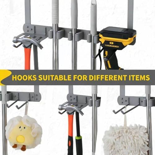 Over Door Tool Organizer, Heavy Duty Utility Rack with 3 Slots, 2 Hooks and 1 Basket, Power Tool & Garden Tool Storage for Garage, Workshop, Warehouse, Fits Brooms and Mops - Grey - Image 6