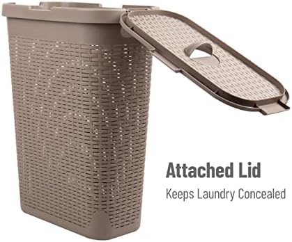 Mind Reader Slim Laundry Hamper with Lid, 40L Clothes Basket, Narrow Tapered Design with Ventilated Cutout Pattern, Plastic, Tan - Image 5